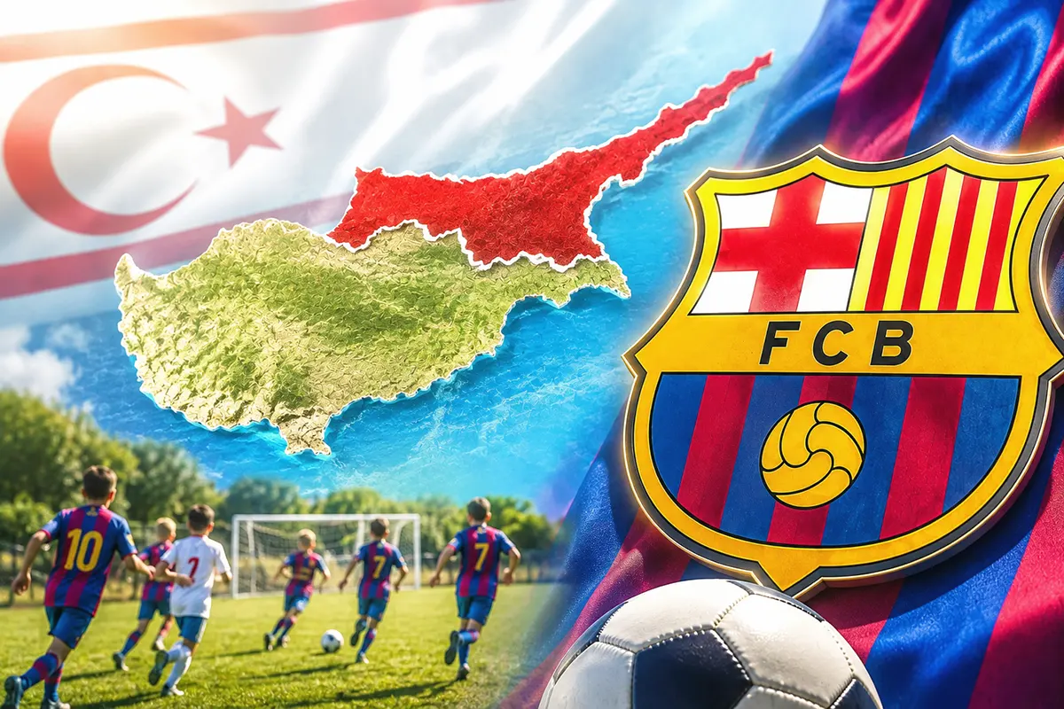 a composite image showing a map of northern Cyprus, the Turkish Cypriot flag, the Barça crest and some children playing football