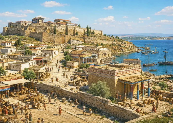 a depiction of Troy (Ilium) dating from around the 5th century BC, showing the fortified citadel on the hill, filled with temples and palaces, the lower town and the harbour
