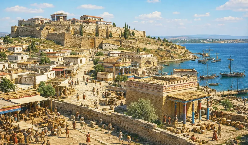 a depiction of Troy (Ilium) dating from around the 5th century BC, showing the fortified citadel on the hill, filled with temples and palaces, the lower town and the harbour