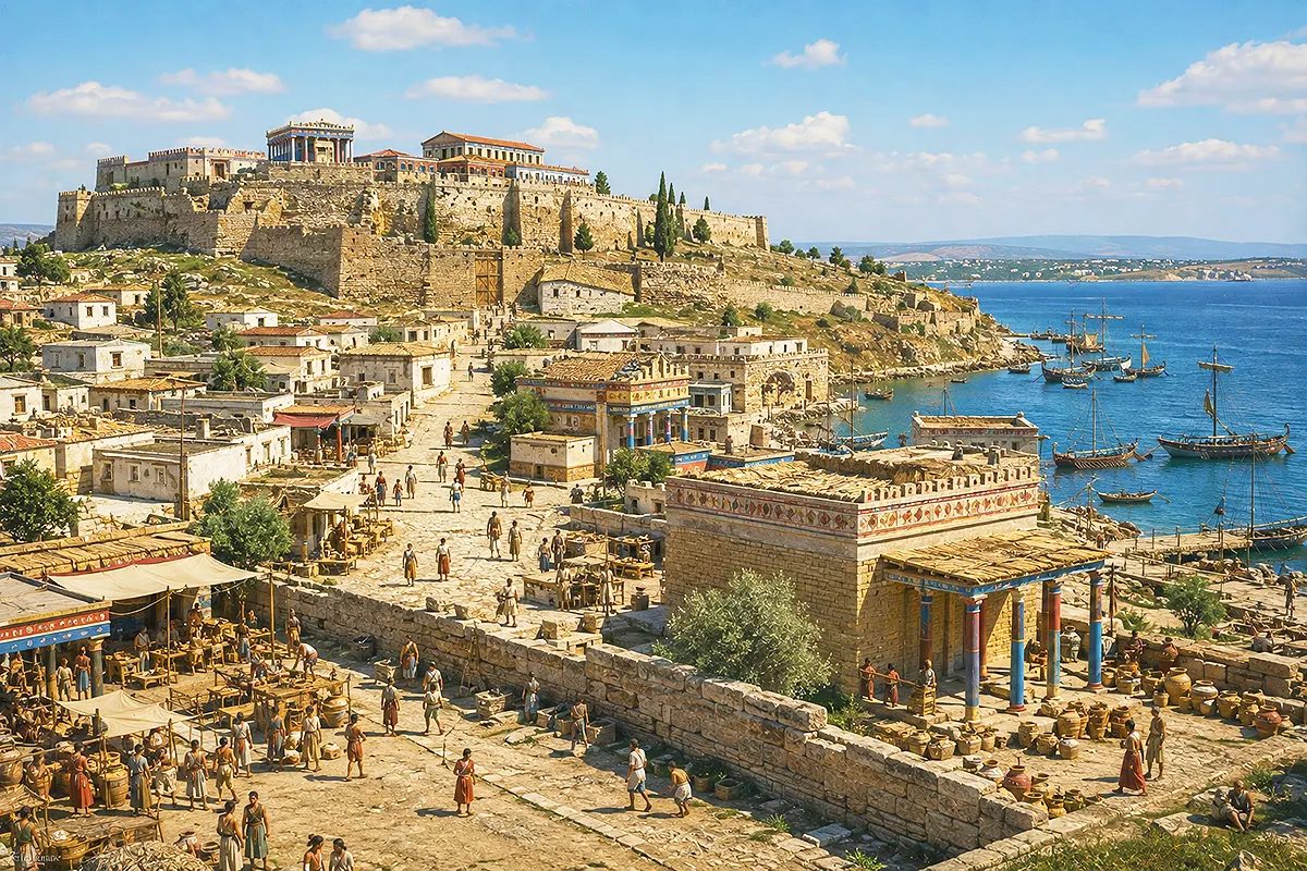 a depiction of Troy (Ilium) dating from around the 5th century BC, showing the fortified citadel on the hill, filled with temples and palaces, the lower town and the harbour