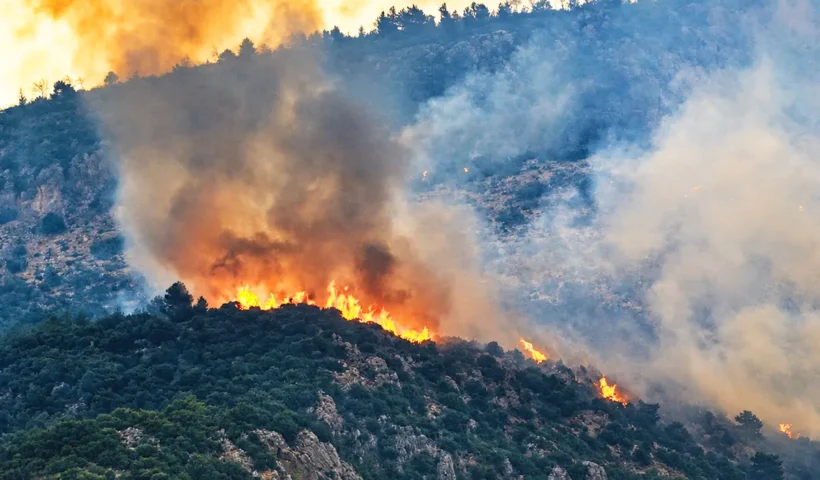 llamas y humo saliendo de un monte cubierto de árboles ardiendo
