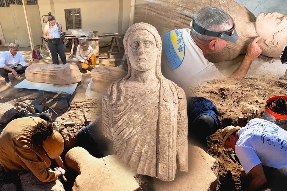 a series of composite images of a Lydian statue found at Sardis, being examined by archaeologists