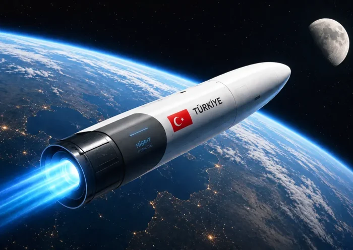 A space rocket bearing the Turkish flag sets off from Earth towards the Moon