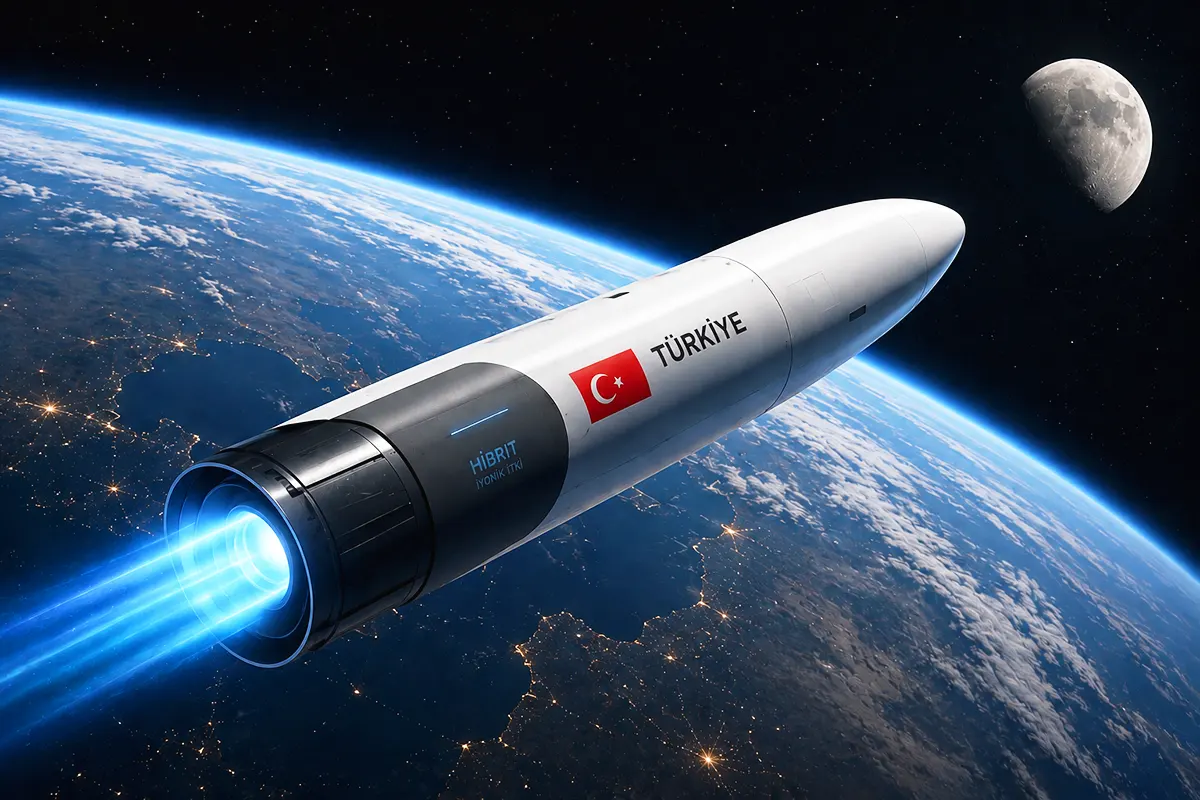 A space rocket bearing the Turkish flag sets off from Earth towards the Moon