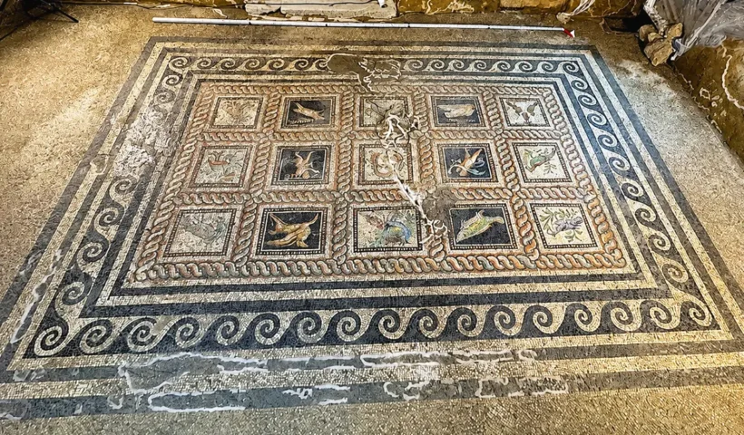 un gran mosaico romano decorado con figuras geométricas y de animales