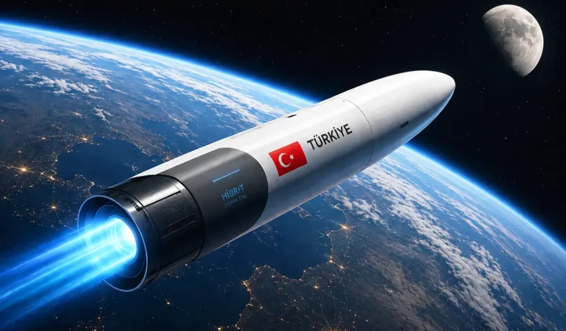 un cohete espacial sobre el que está dibujada la bandera de Turquía parte de la Tierra hacia la Luna
