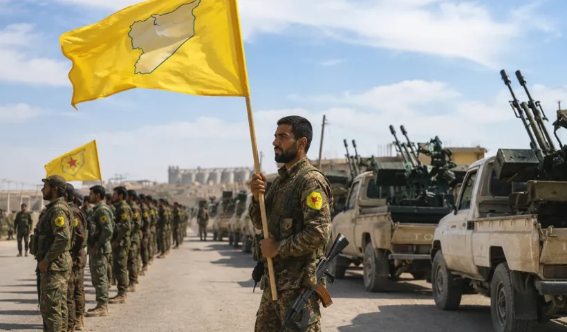 composición mostrando a miembros armados de las SDF y el YPG junto a varios vehículos militares en Siria