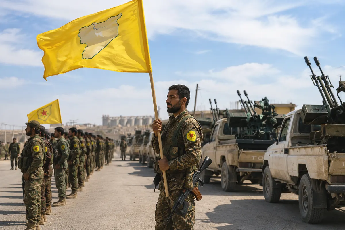 A photograph showing armed members of the SDF and the YPG alongside several military vehicles in Syria