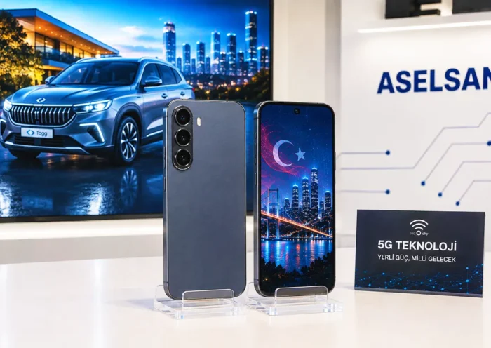 an image showing two smartphones, viewed from the front and the back, on a display stand, alongside an ASELSAN sign and a screen showing a TOGG electric car