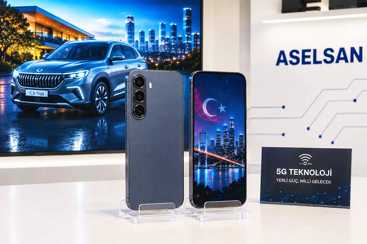 an image showing two smartphones, viewed from the front and the back, on a display stand, alongside an ASELSAN sign and a screen showing a TOGG electric car