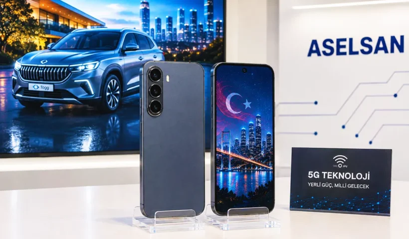 una imagen representando dos smartphones vistos por delante y por detrás sobre un expositor, junto a un cartel de ASELSAN y una pantalla mostrando un coche eléctrico TOGG