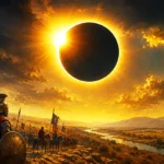 an image depicting an ancient army of hoplites in a dark landscape, gazing at a massive solar eclipse in the sky