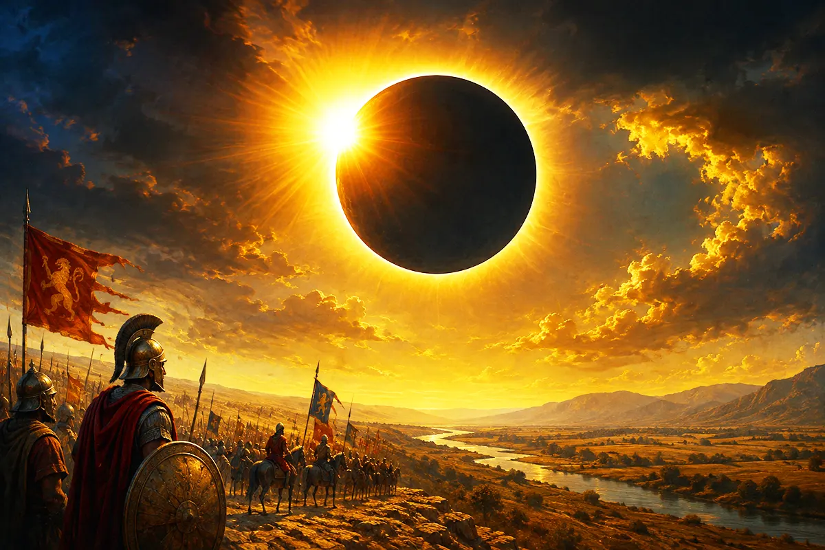 an image depicting an ancient army of hoplites in a dark landscape, gazing at a massive solar eclipse in the sky