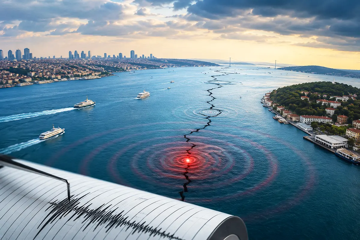 A representative image of the Bosphorus in Istanbul, with a tectonic fault running through it, breaking and causing an earthquake