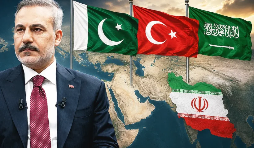 El ministro de exteriores turco Hakan Fidan junto a un mapa de Oriente Medio y el sur de Asia y las banderas de Turquía, Pakistán, Arabia Saudí e Irán