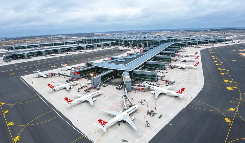 vista aérea del Aeropuerto de Estambul con varios aviones de Turkish Airlines esperando en la terminal