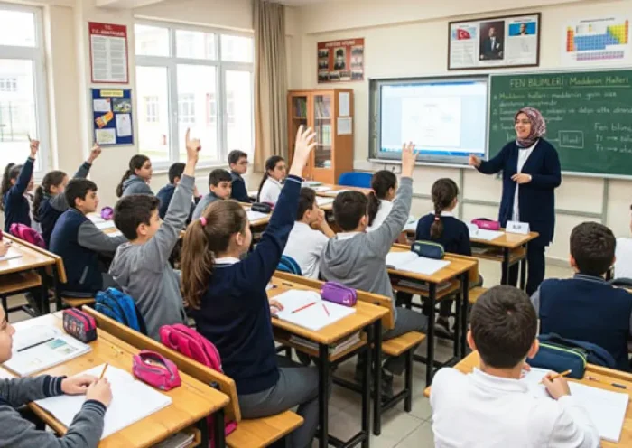 alumnos levantando la mano a una pregunta de la profesora en un colegio turco
