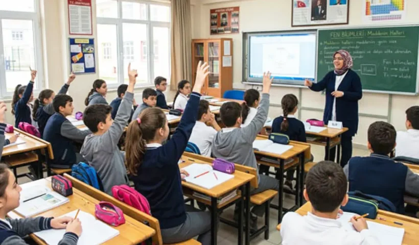 alumnos levantando la mano a una pregunta de la profesora en un colegio turco