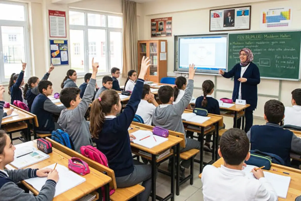 alumnos levantando la mano a una pregunta de la profesora en un colegio turco