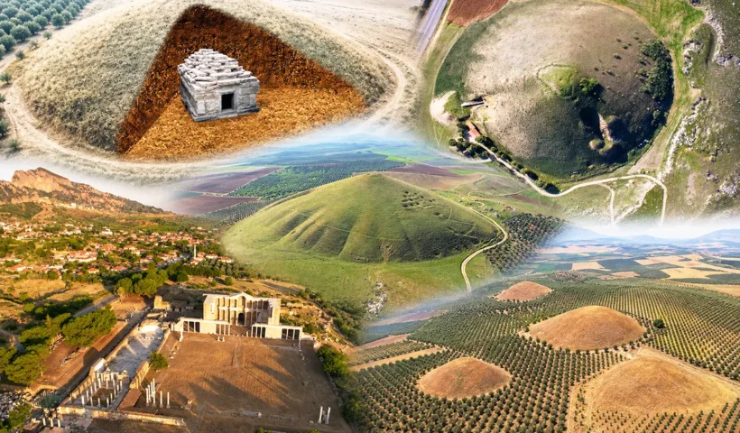 a collage showing various images of the Bintepeler burial mounds in Turkey
