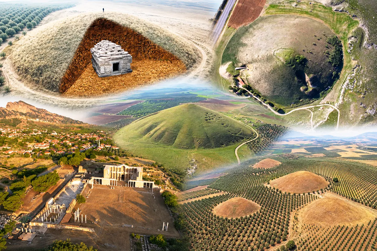 a collage showing various images of the Bintepeler burial mounds in Turkey