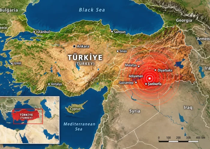 map of Turkey and the region showing seismic waves emanating from Sanliurfa