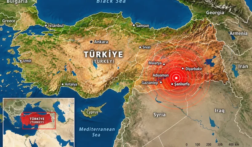 map of Turkey and the region showing seismic waves emanating from Sanliurfa