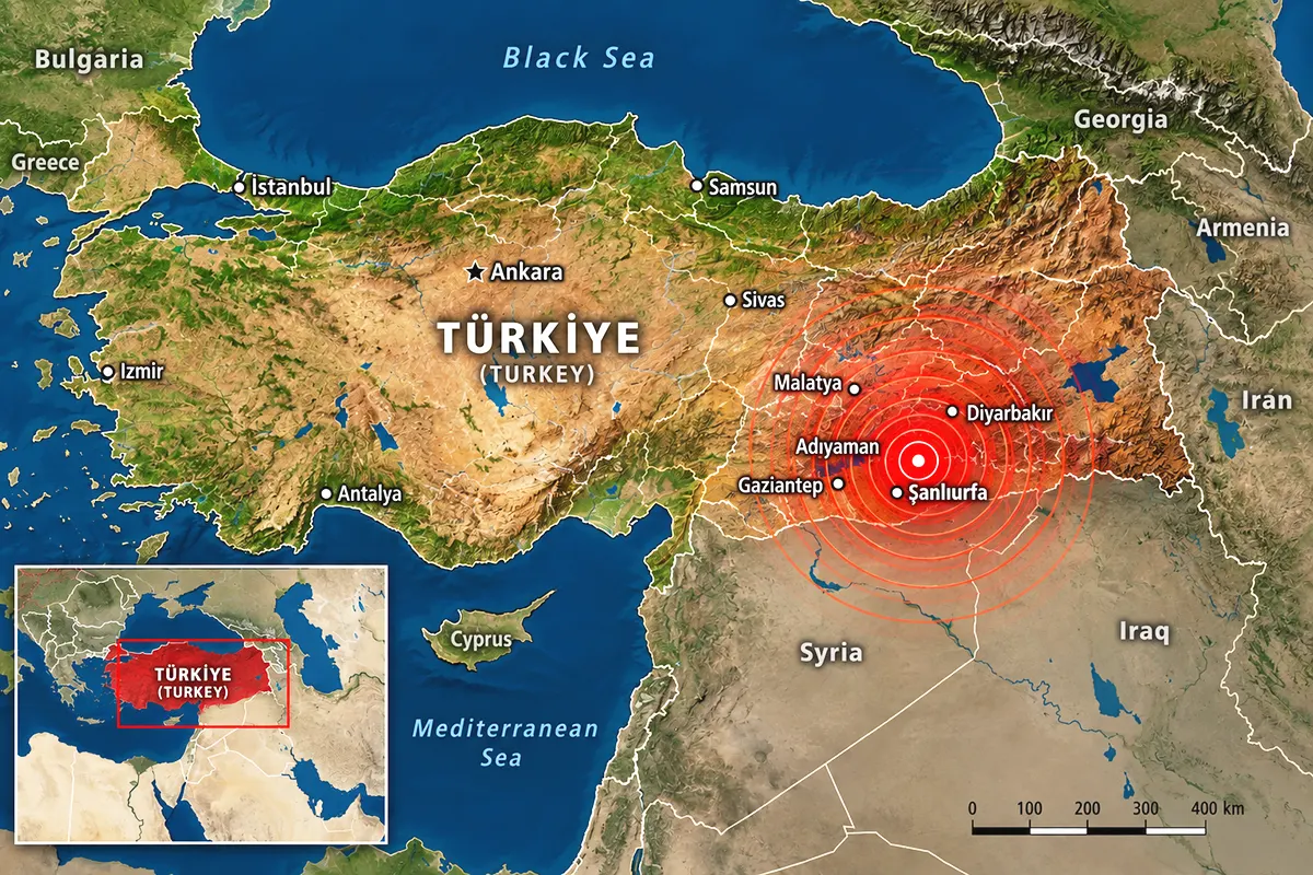 map of Turkey and the region showing seismic waves emanating from Sanliurfa