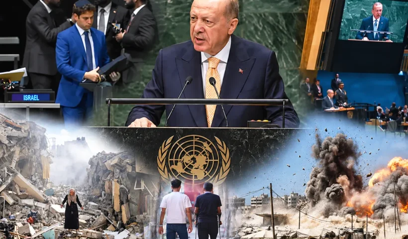 varias imágenes mostrando al presidente turco pronunciando un discurso ante la ONU y a la delegación de Israel abandonando la sala