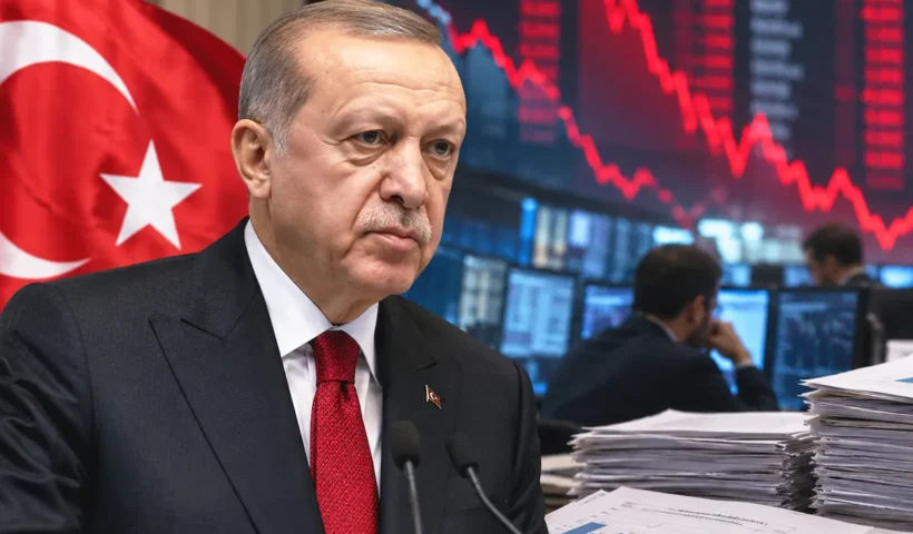 Erdoğan con la bandera turca detrás de él junto a imágenes de inversores preocupados, gráficos y una caída de la bolsa de valores