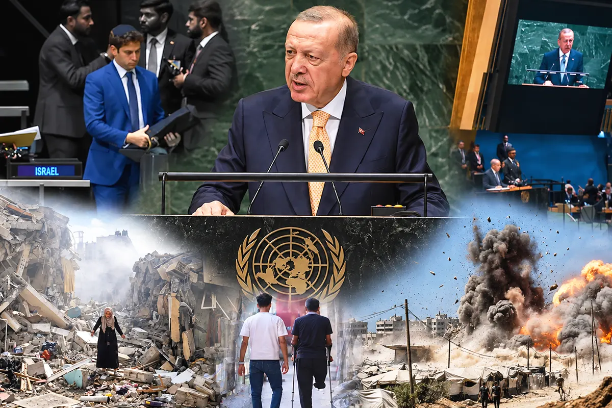 several images showing the Turkish president delivering a speech at the UN and the Israeli delegation leaving the chamber