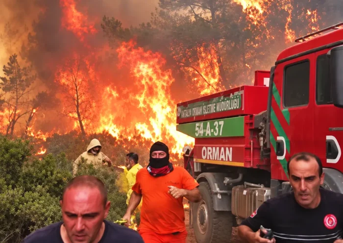 Firefighters battling a wildfire run alongside a fire engine, whilst in the background huge flames can be seen advancing towards them
