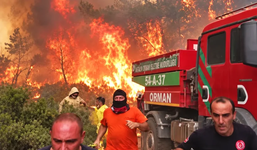 Firefighters battling a wildfire run alongside a fire engine, whilst in the background huge flames can be seen advancing towards them