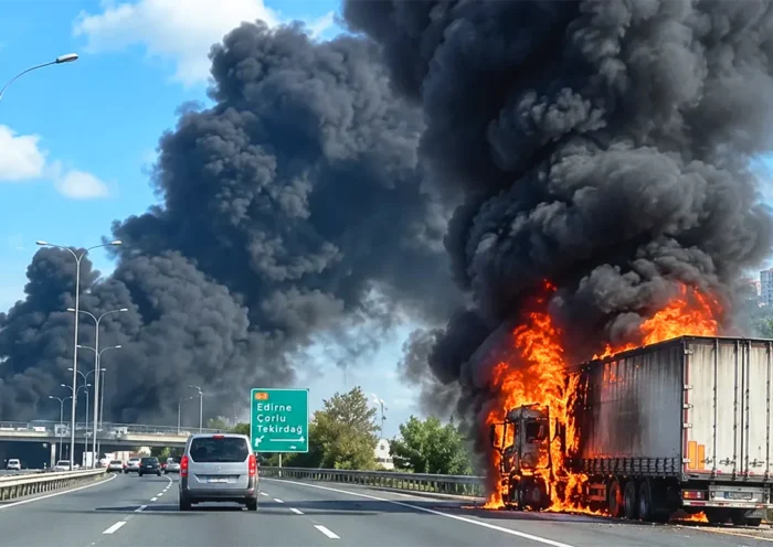 un camión trailer en llamas en la autopista TEM de Estambul mientras varios coches pasan a su lado