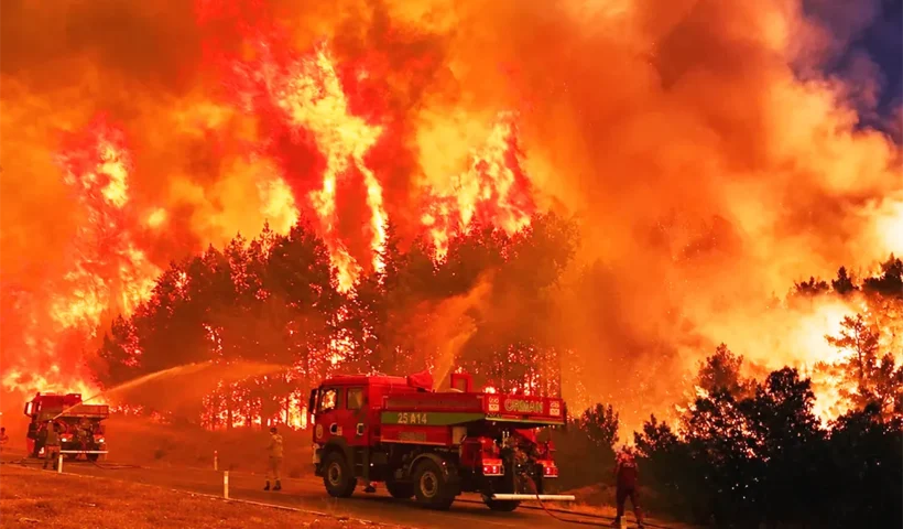 bomberos luchando contra un inmenso fuego que quema un bosque, con llamas que alcanzan más de 10 metros de altura