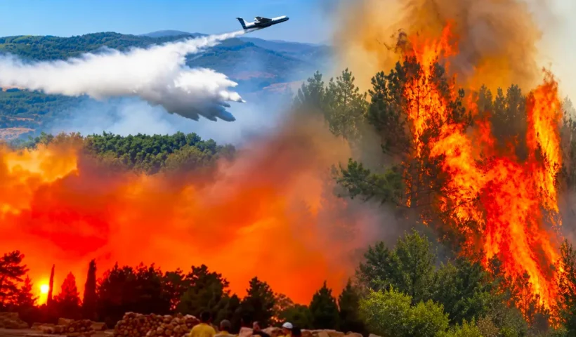 varias imágenes de un incendio forestal en Muğla, Turquía, mostrándose el bosque ardiendo y aviones arrojando agua sobre el fuego