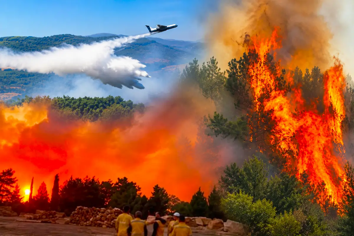 varias imágenes de un incendio forestal en Muğla, Turquía, mostrándose el bosque ardiendo y aviones arrojando agua sobre el fuego