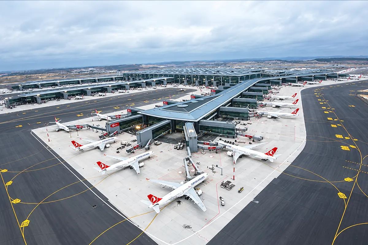 Aerial view of Istanbul Airport with several Turkish Airlines aircraft waiting at the terminal