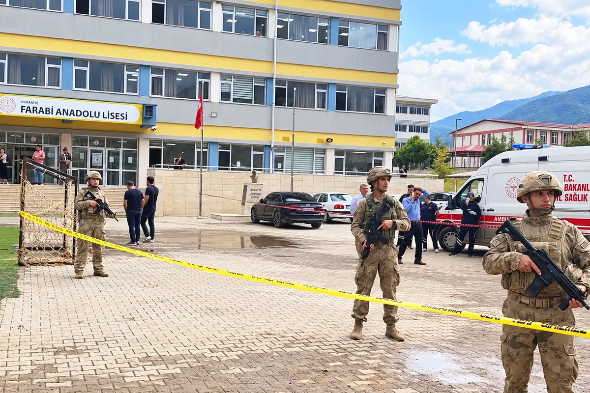 several armed Turkish police officers standing next to an ambulance at the entrance to a secondary school