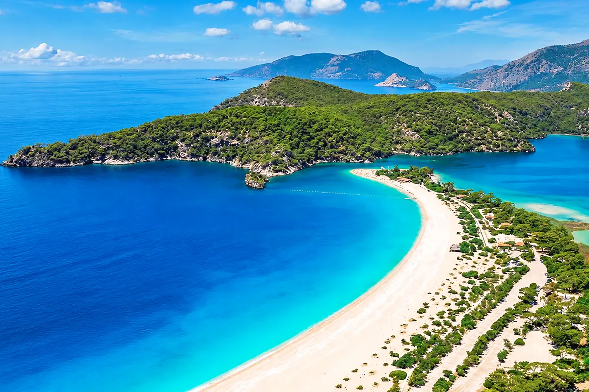 a view of the beaches and turquoise waters at Ölüdeniz, in the Turkish province of Muğla