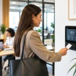 una chica fichando electrónicamente en una oficina