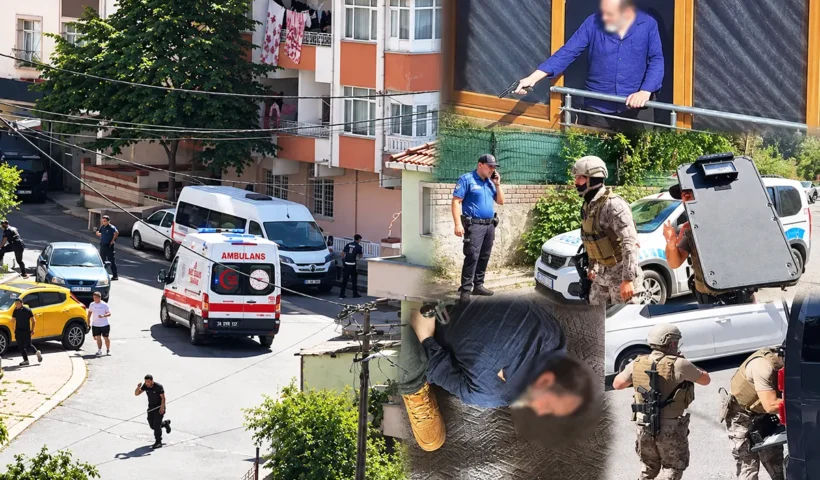 several images of a shooting in a neighbourhood of Istanbul, showing the gunman, people fleeing and special police forces
