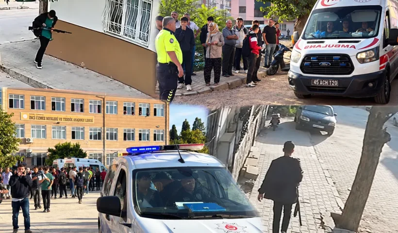 several images showing scenes of the attacker and the moments following the attack during a shooting at a Turkish secondary school