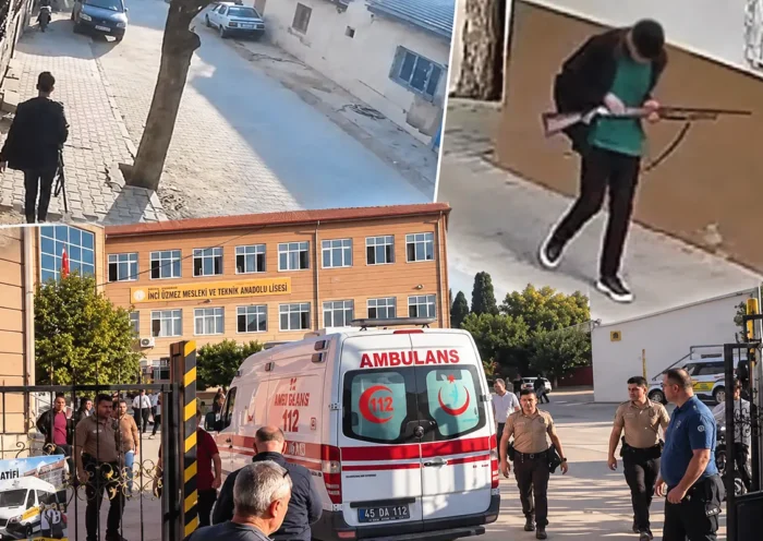 several images showing an ambulance at a secondary school in Manisa, Turkey, and the perpetrator of the attack on the school with a shotgun