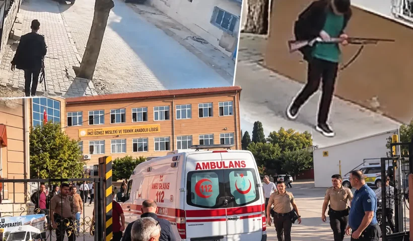 several images showing an ambulance at a secondary school in Manisa, Turkey, and the perpetrator of the attack on the school with a shotgun