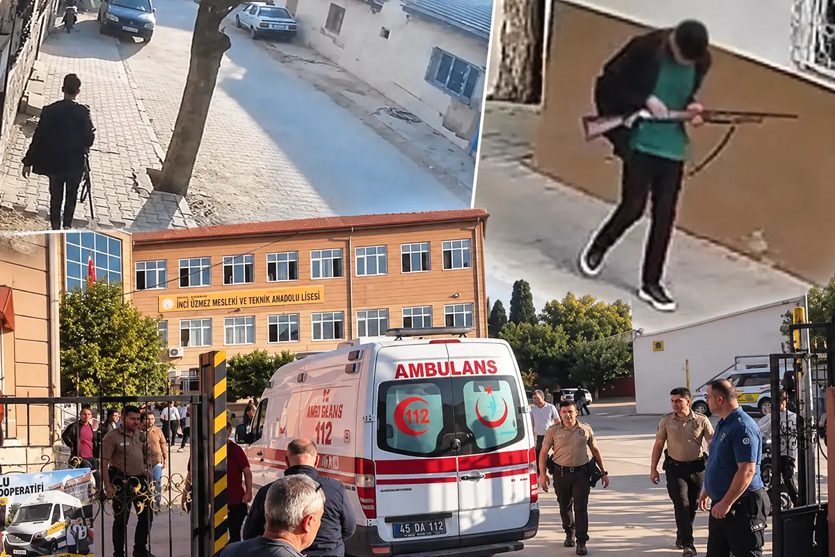 several images showing an ambulance at a secondary school in Manisa, Turkey, and the perpetrator of the attack on the school with a shotgun