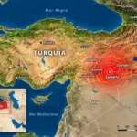 mapa de Turquía y su región mostrando ondas sísmicas saliendo de Şanlıurfa