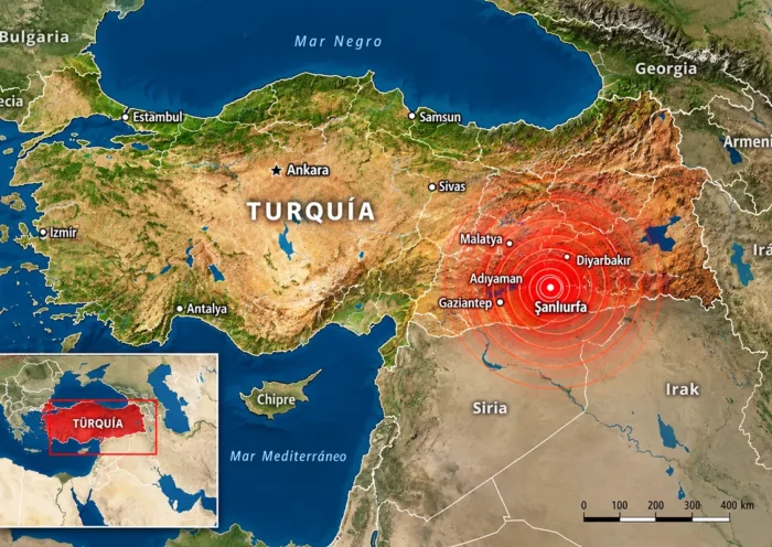 mapa de Turquía y su región mostrando ondas sísmicas saliendo de Şanlıurfa