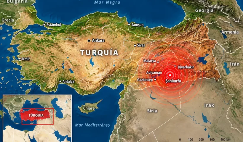 mapa de Turquía y su región mostrando ondas sísmicas saliendo de Şanlıurfa