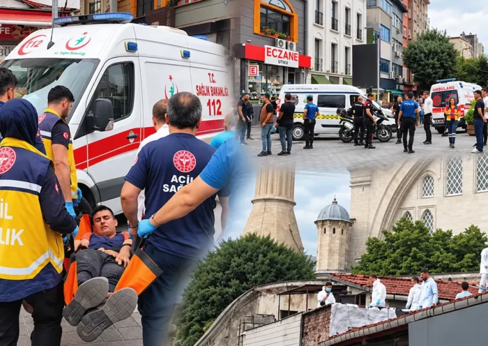 varias imágenes de servicios de emergencia y policía en la escena de un tiroteo junto a la Mezquita Nuruosmaniye de Estambul